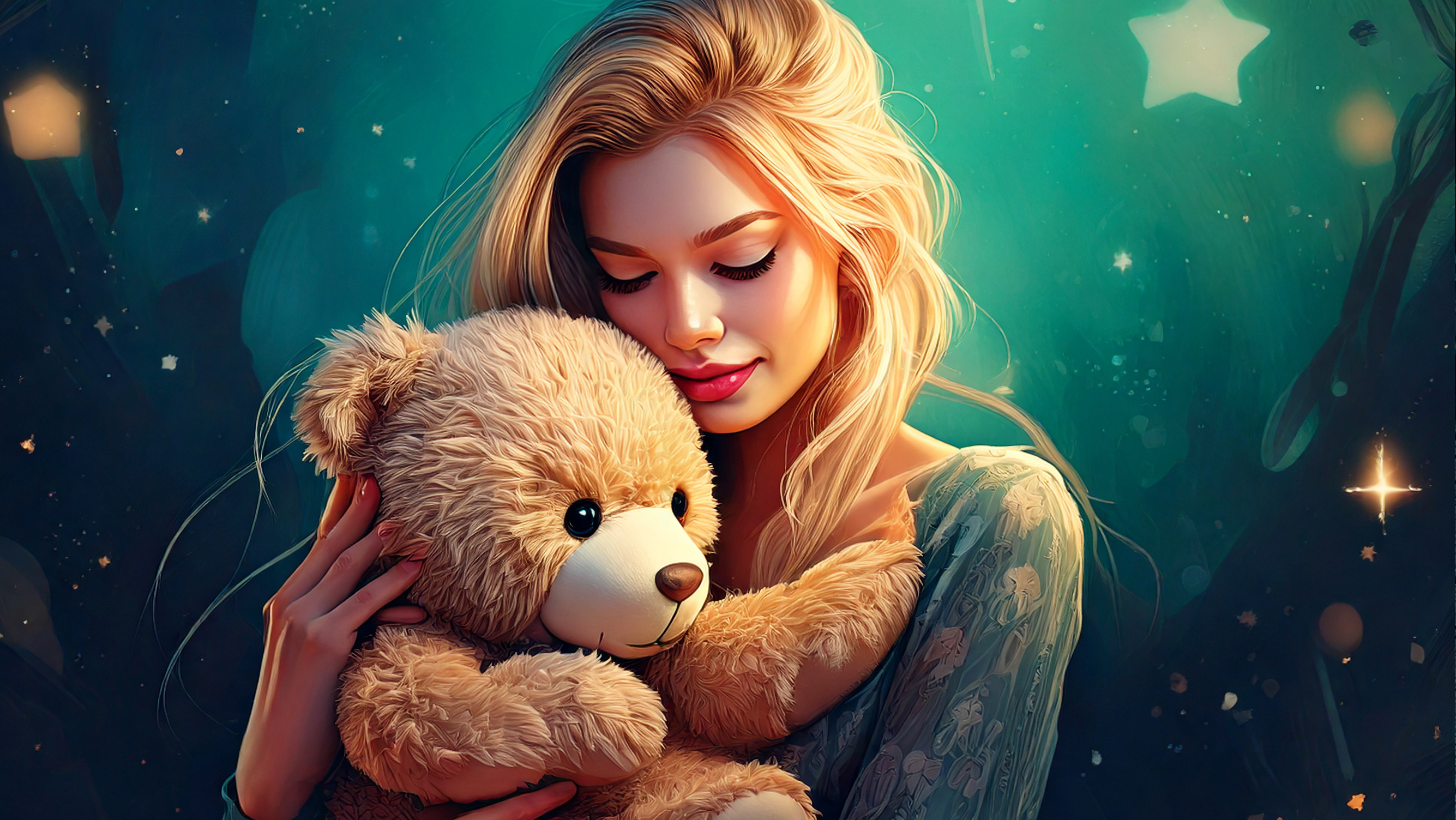 Frau kuschelt mit Teddybär
