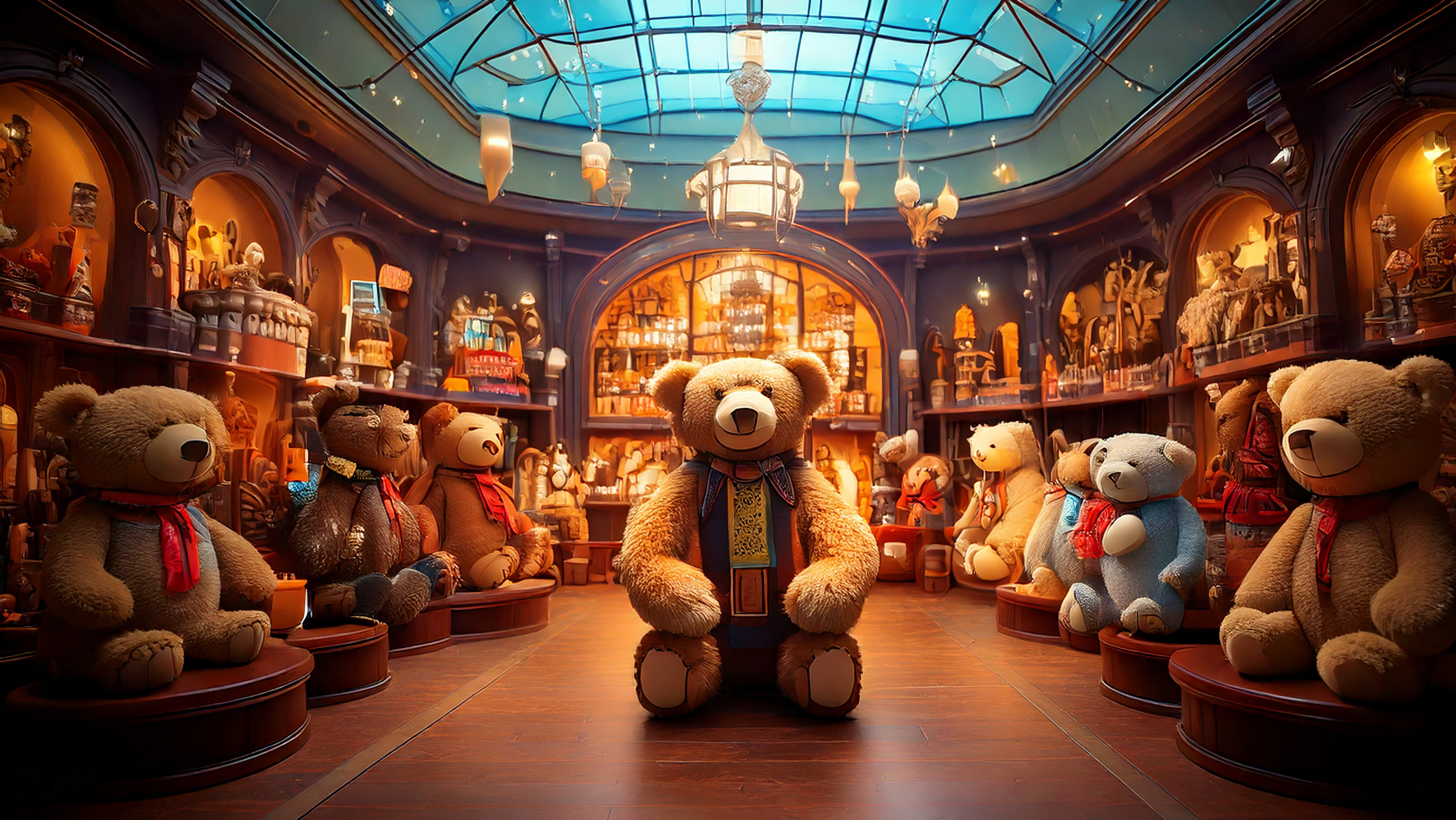 Eine Halle eines Teddybärenmuseums mit vielen Teddybären