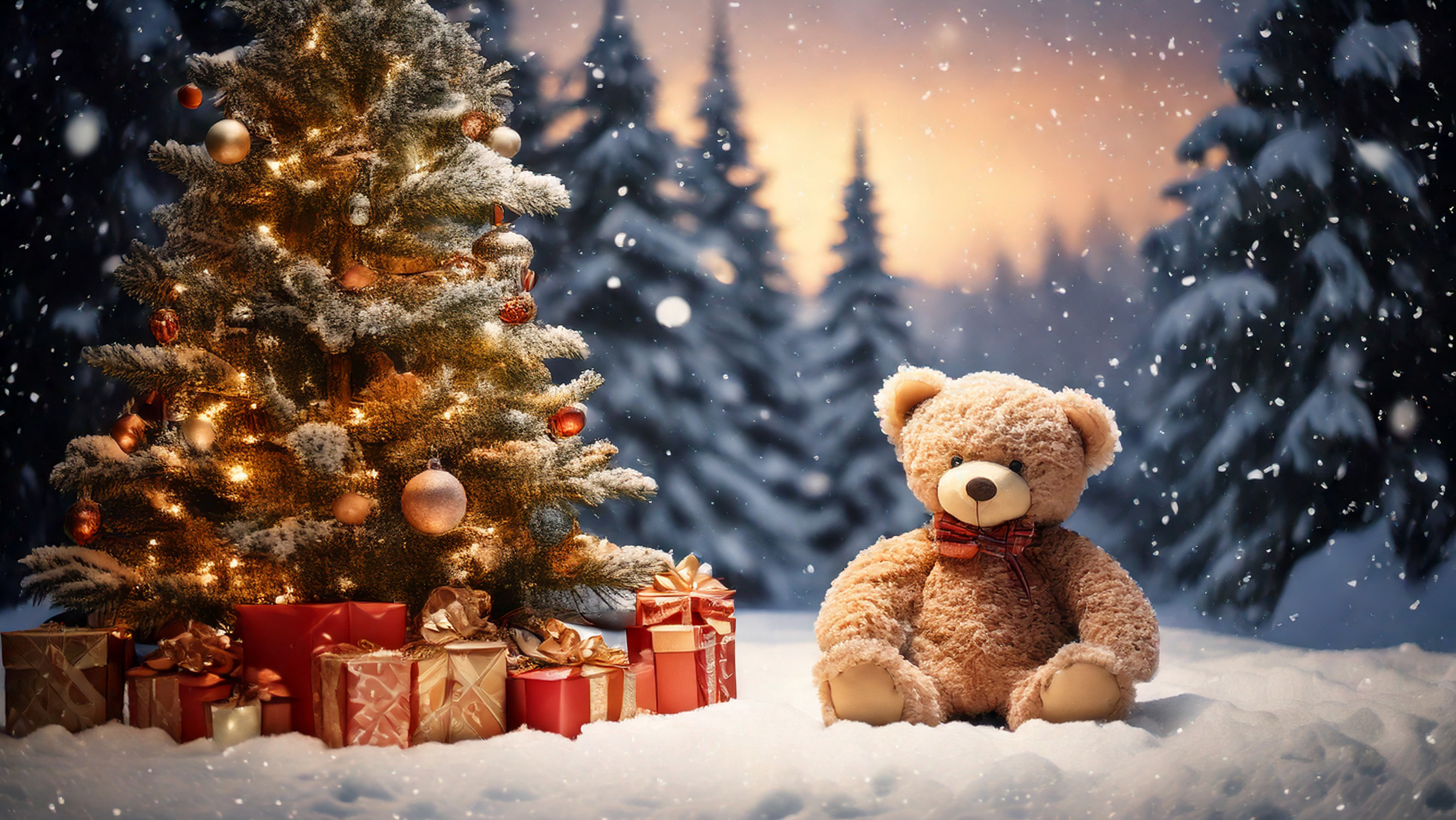 Eine Winterlandschaft mit geschmückten Weihnachtsbaum und daneben sitzt ein Teddybär