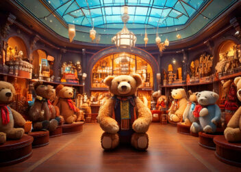 Eine Halle eines Teddybärenmuseums mit vielen Teddybären