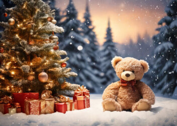 Eine Winterlandschaft mit geschmückten Weihnachtsbaum und daneben sitzt ein Teddybär
